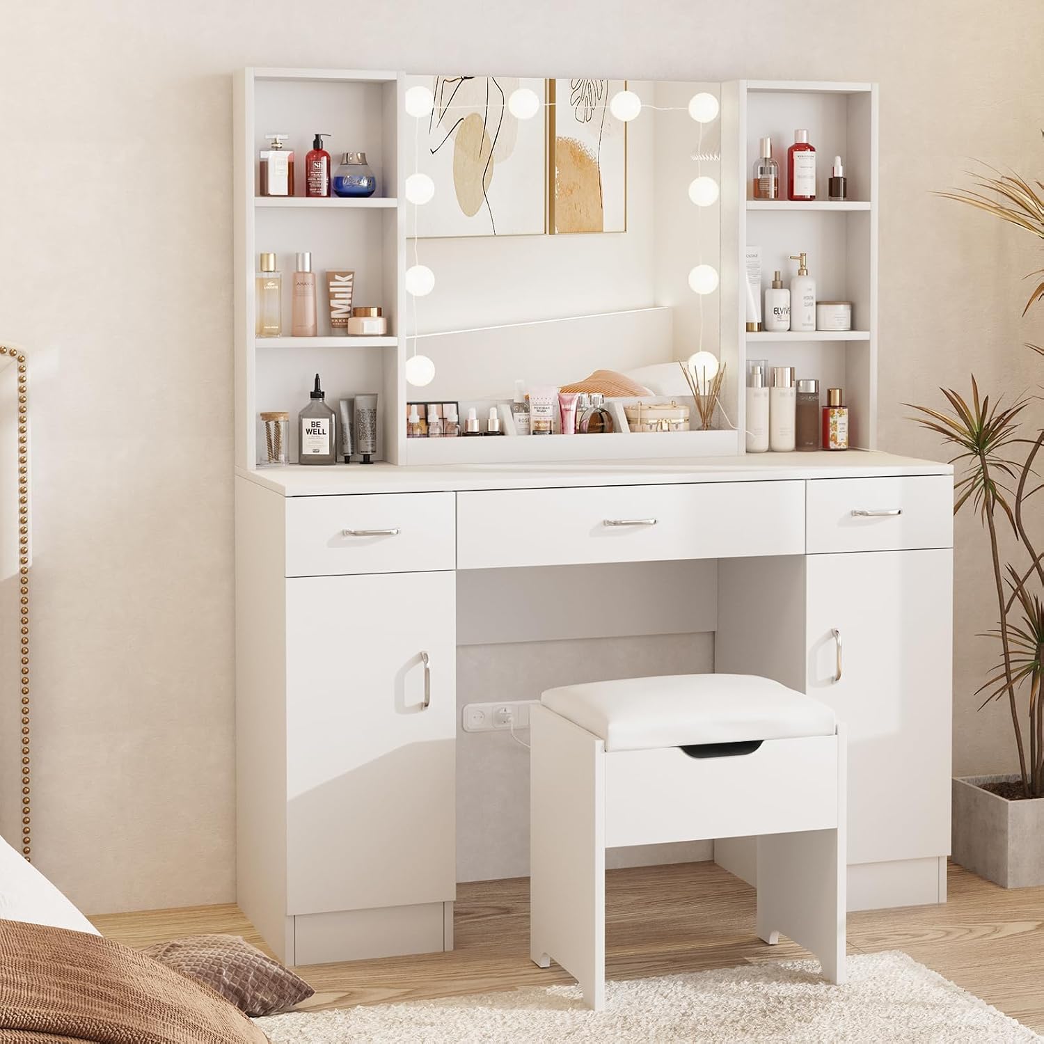 Beauty Makeup Table - طاولة مكياج مع مرآة مضاءة، طقم