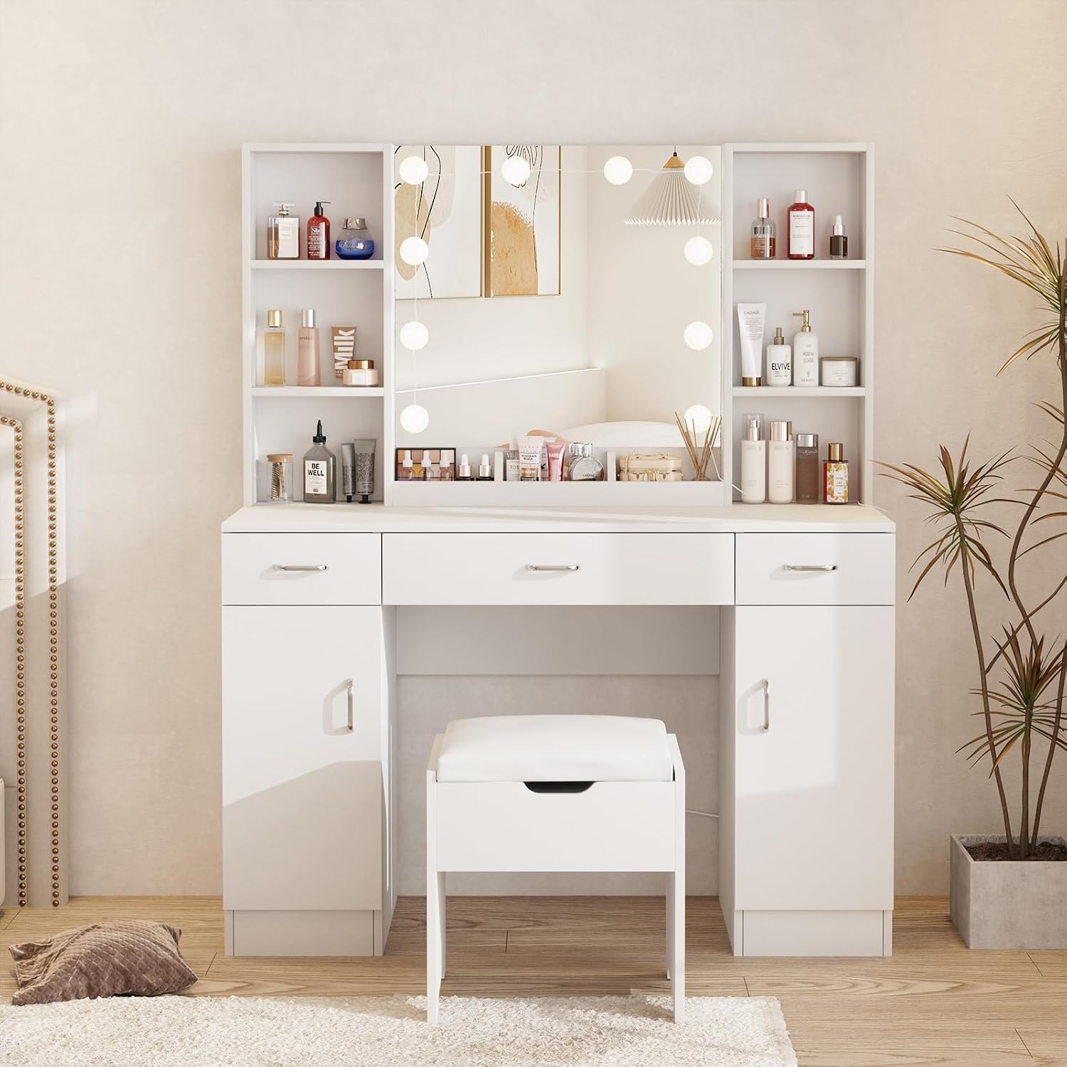 طاولة مكياج مع مرآة مضاءة، طقم - مراجعة Beauty Makeup Table وسعره