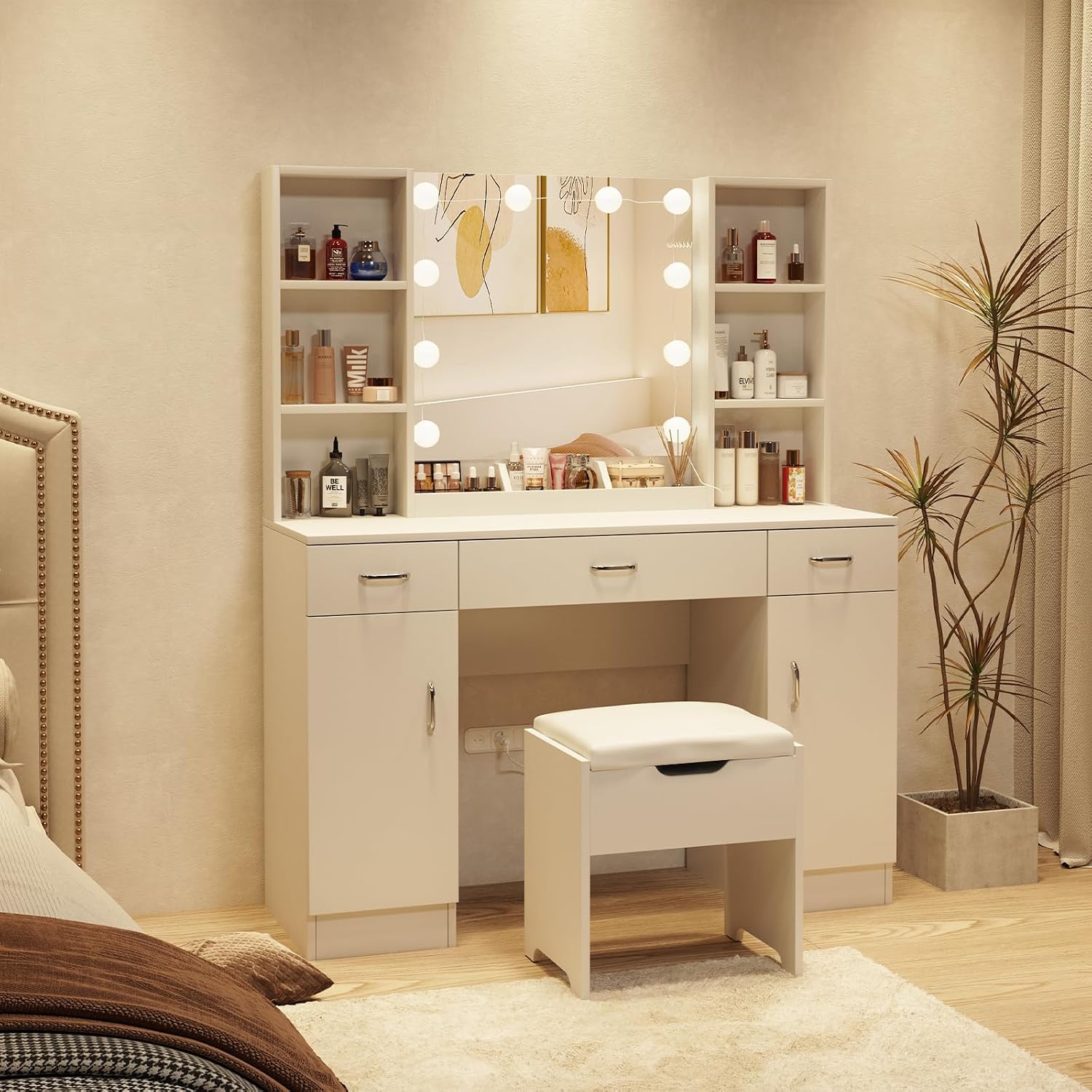طاولة مكياج مع مرآة مضاءة، طقم - مراجعة Beauty Makeup Table وسعره